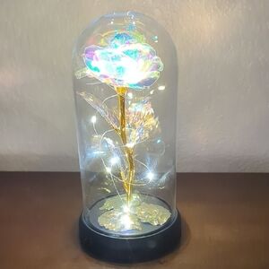LED Light Up Iridescent Rose Of Love Gold Leaves Glass Dome 7"